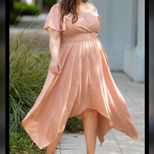 Elegant Pink V-Neck Dress Asymetrical